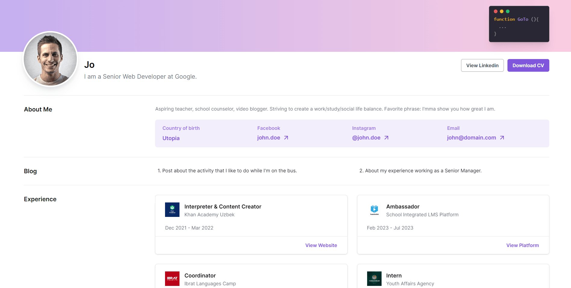 Personal Portfolio screenshot
